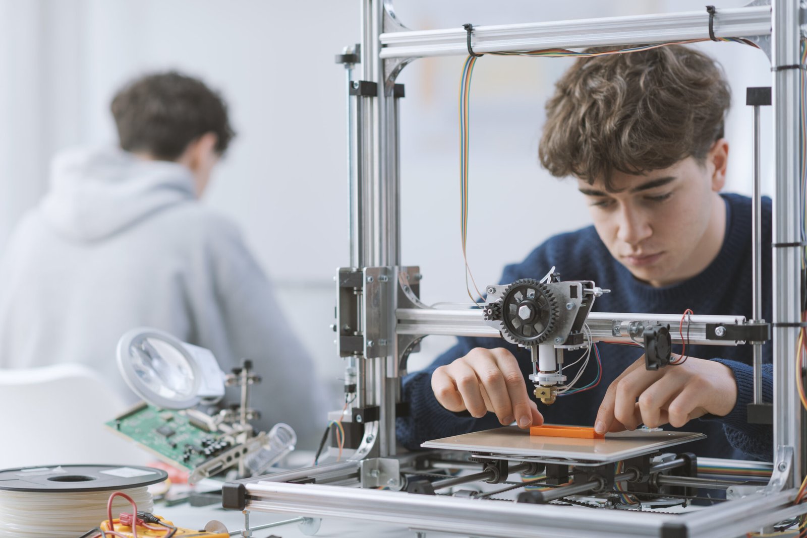 Young smart student working with a 3D printer in the lab, he is printing a prototype